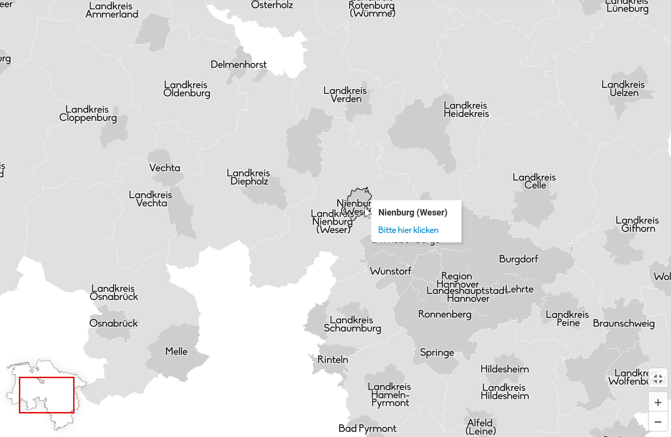 In Grau gehaltene, interaktive Karte der Landkreise in Niedersachsen.