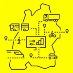  Verschiedene Mobilitätsicons von Bus über Auto bis Bahn liegen auf einer Baden-Württemberg-Karte.