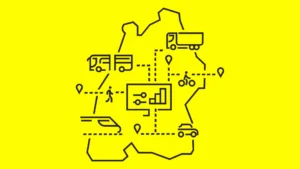  Verschiedene Mobilitätsicons von Bus über Auto bis Bahn liegen auf einer Baden-Württemberg-Karte.