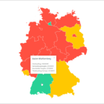 Deutschlandkarte, die Bundesländer sind in gelb, rot und grün eingezeichnet, ein Fly-out zeigt Vergabegrenzen in Baden-Württemberg