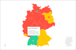 Deutschlandkarte, die Bundesländer sind in gelb, rot und grün eingezeichnet, ein Fly-out zeigt Vergabegrenzen in Baden-Württemberg