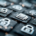 Eine schwarze Tastatur, auf der Symbole für Schlösser und ein Symbol für ein Dokument abgebildet sind.