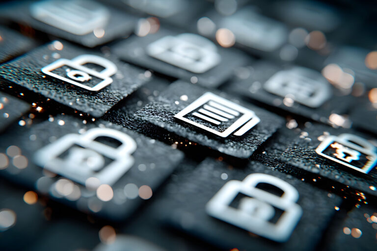 Eine schwarze Tastatur, auf der Symbole für Schlösser und ein Symbol für ein Dokument abgebildet sind.