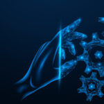 Abstrakte Abbildung einer Hand, die Zahnräder in Bewegung setzt.