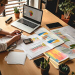 Blick auf eine junge Frau am Schreibtisch aus Obersicht, auf der Holzplatte Verteilt sind Papiere mit Diagrammen, ein Laptop und diverse Kleinigkeiten wie Stifte und Topfpflanzen.