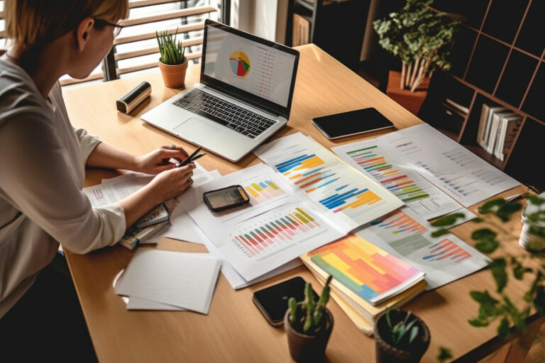 Blick auf eine junge Frau am Schreibtisch aus Obersicht, auf der Holzplatte Verteilt sind Papiere mit Diagrammen, ein Laptop und diverse Kleinigkeiten wie Stifte und Topfpflanzen.