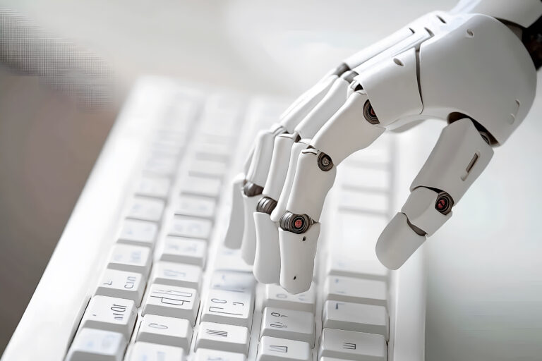 Nahaufnahme einer Hand eines futuristischen Roboters, der auf einer Tastatur tippt.