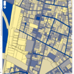 Screenshot aus der WebGIS-Anwendung, in der Mitte eine in Gelb und Blau gehaltene Luftaufnahme eines Siedlungsgebiets, rechts und links Panels mit Eintellungen und Legende.