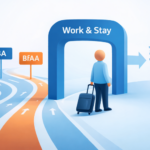 Illustration in Blau- un Orangetönen: Figur mit Rollkoffer auf einer Straße, Wegweiser "Work and Stay", BA und BfAA