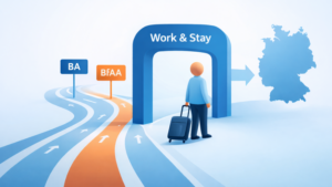 Illustration in Blau- un Orangetönen: Figur mit Rollkoffer auf einer Straße, Wegweiser "Work and Stay", BA und BfAA