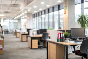 Großraumbüro, in dem die meisten Schreibtische nicht besetzt sind.