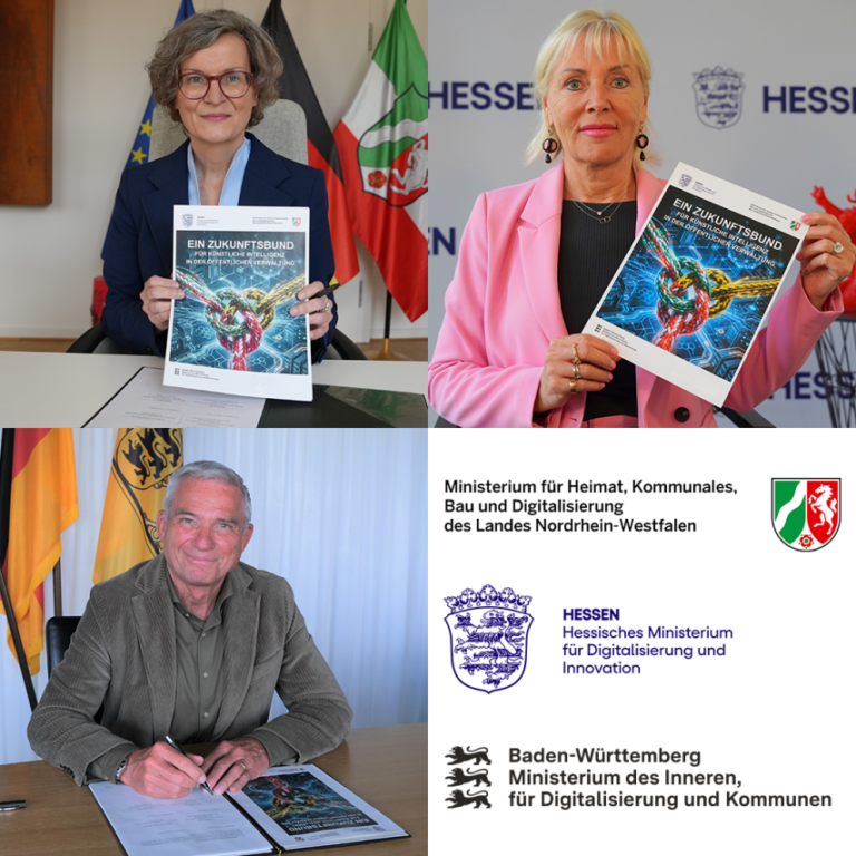 Montage: Ina Scharrenberger, Kristina Sinemus und Thomas Strobl mit der unterzeichneten Vereinbarung, plus die drei Ministeriumslogos