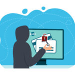 Cartoon: Ein Hacker, der an einem Computer vertrauliche Daten und persönliche Informationen stiehlt.