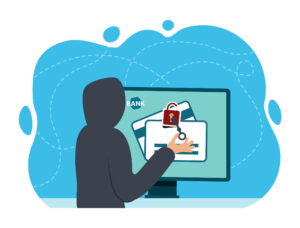 Cartoon: Ein Hacker, der an einem Computer vertrauliche Daten und persönliche Informationen stiehlt.