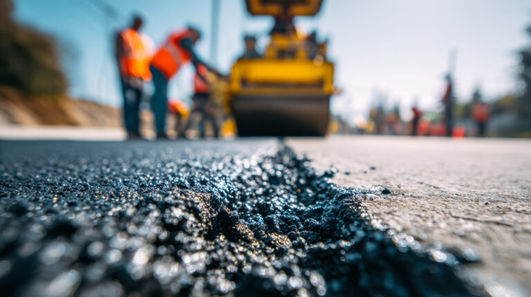 Nahaufnahme einer Straßenbaustelle aus der Froschperspektive, im Vordergrund rauer Asphalt, im Hintergrund unscharf orange gekleidete Arbeiuter und ein Walzenfahrzeug