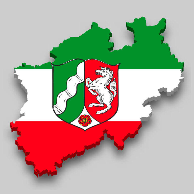 Umrisse des Landes Nordrhein-Westfalen mit Landesfarben (Grün, Weiß, Rot) und Wappen