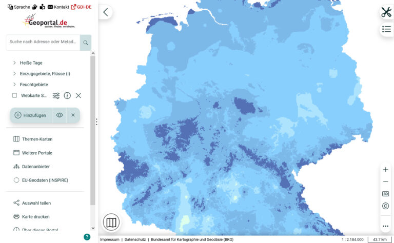 Screenshot vom Geoportal.de, Deutschlandkarte in blauen Farbschattierungen