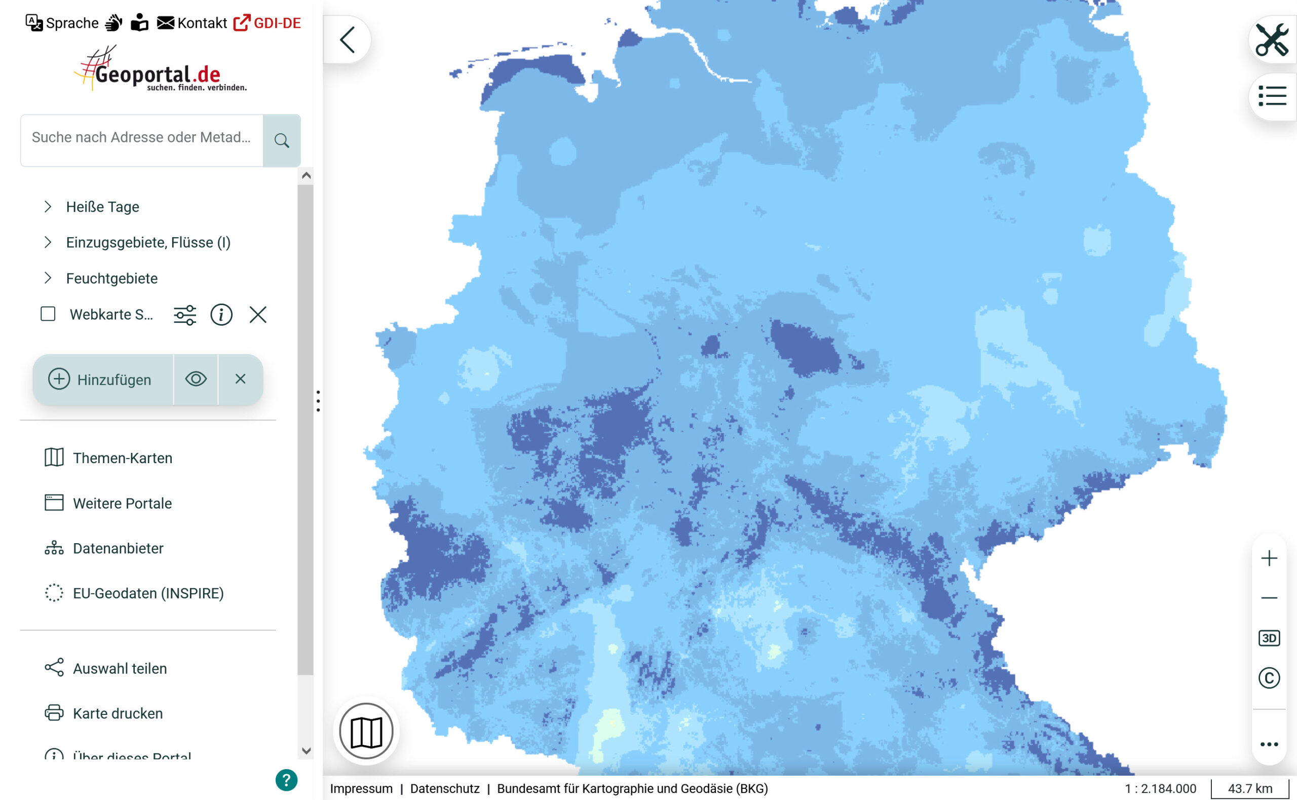 Screenshot vom Geoportal.de, Deutschlandkarte in blauen Farbschattierungen