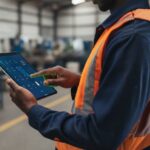 Mitarbeiter in Warnweste bedient ein Tablet in einer industriellen Produktionsumgebun.