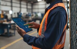 Mitarbeiter in Warnweste bedient ein Tablet in einer industriellen Produktionsumgebun.
