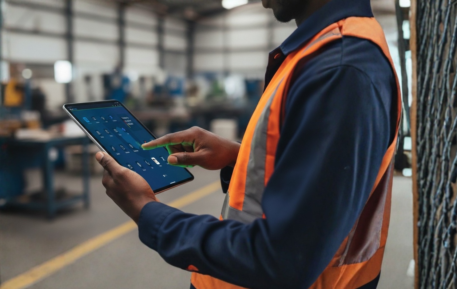Mitarbeiter in Warnweste bedient ein Tablet in einer industriellen Produktionsumgebun.