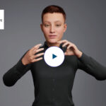 Gebärdender weiblicher Avatar mit BMDS-Logo