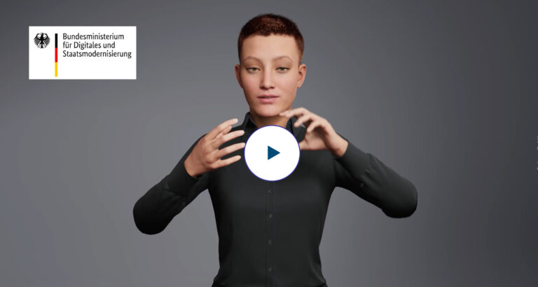 Gebärdender weiblicher Avatar mit BMDS-Logo