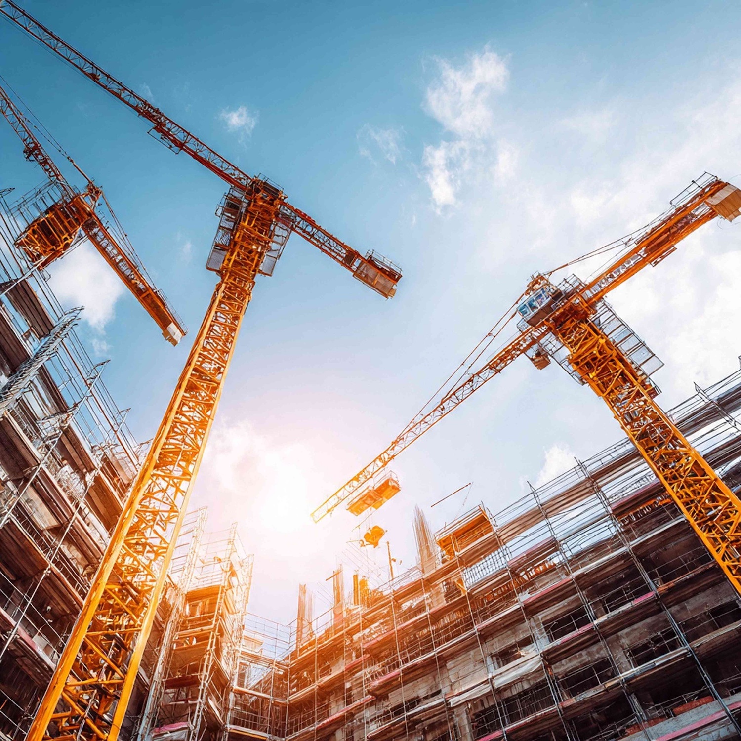 Blick von unten auf eine große Baustelle mit mehreren orangefarbenen Baukränen und eingerüsteten Gebäuden. Die Kräne ragen vor blauem Himmel in die Höhe, während die Sonne zwischen den Rohbauten hindurchscheint.